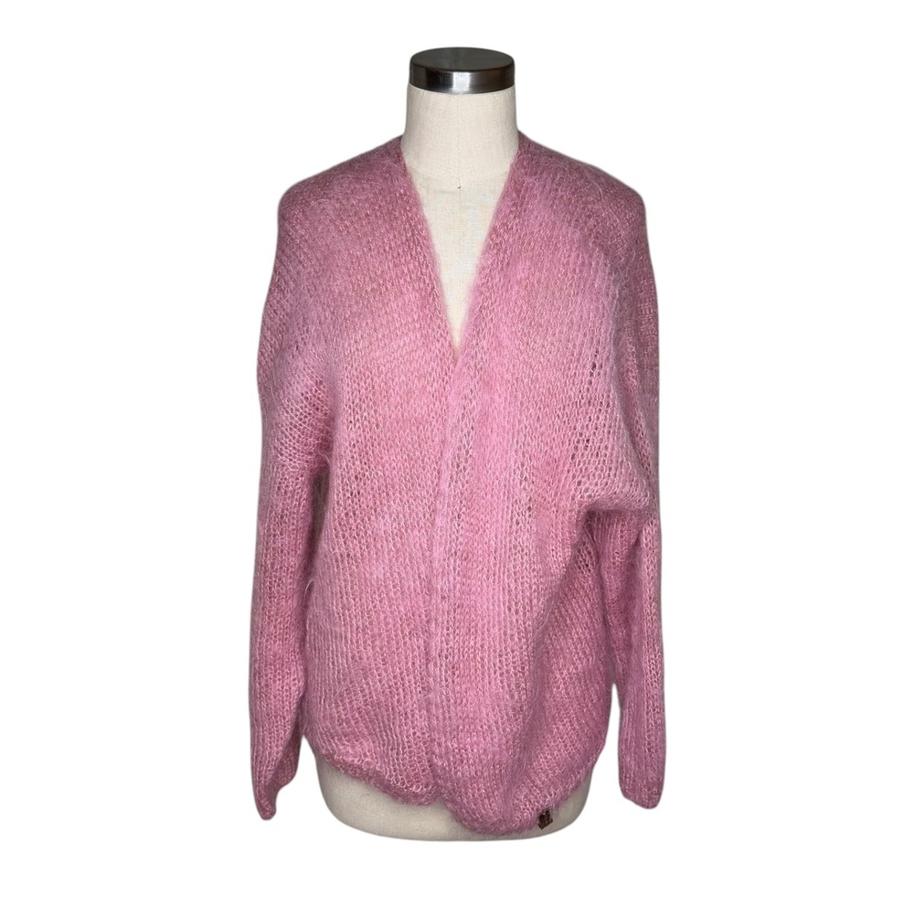 MOHAIR SWEATER SHOP Cardigan Pink Fuzzy Open Knit Women's One Size Cozy Knit